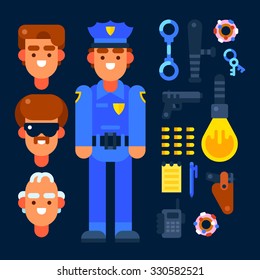 Policeman and police stuff. Vector flat illustration.