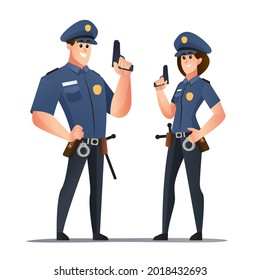 Policeman And Police Woman Officers Holding Guns Cartoon Characters