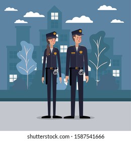 Policeman and policewoman at the city design, Working occupation person job corporate employee and service theme Vector illustration