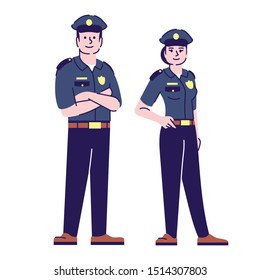 Policeman and policewoman flat vector characters. Police officers, cop in uniform cartoon illustration with outline. Sheriffs, inspectors. Security guard, police patrol workers isolated on white