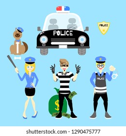 policeman and policewoman holding handcuffs and bat arresting thief with car, dog in blue background, vector illustration flat cartoon character design clip art