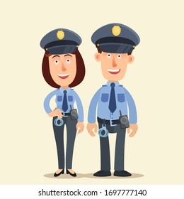 Policeman and policewoman partners. Man and woman work in police together. Police officers in the service. Vector illustration, flat design, cartoon style, isolated background.