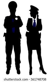 policeman and policewoman posing with arms crossed against white background