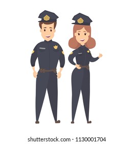 Policeman and policewoman standing smiling in uniform. Security, authority and law concept. Isolated flat vector illustration