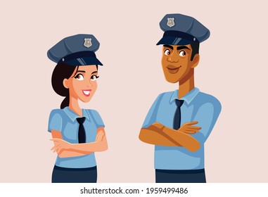 Policeman and Policewoman Standing Together Vector Illustration. Team of police officers on the job in public service 
