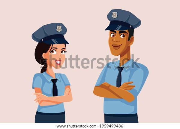 Policeman And Policewoman Standing Together Vector Illustration Team Of Police Officers On The 