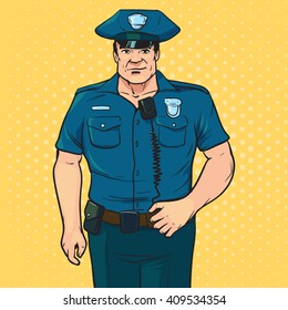 policeman, pop art, retro style, police officer, comic book style conceptual illustration, happy man in uniform, cap, character, protect, serve