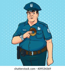policeman, pop art, retro style, police officer, comic book style conceptual illustration, serious man in uniform, with donut, cap, character, protect, serve