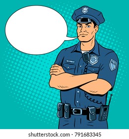 Policeman pop art retro vector illustration. Color background. Text bubble. Comic book style imitation.