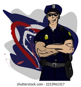 Policeman pop art style vector illustration. Comic book style imitation. National police day concept. Cartoon character lifeguard rescue european race policeman military in summer uniform