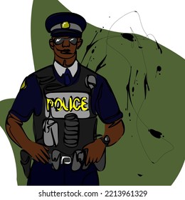 Policeman pop art style vector illustration. Comic book style imitation. National police day concept. Cartoon character lifeguard rescue african american race policeman military in summer uniform