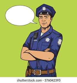Policeman pop art style vector illustration. Police officer. Comic book style imitation. Vintage retro style. Conceptual illustration