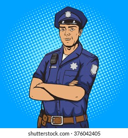 Policeman pop art style vector illustration. Police officer. Comic book style imitation. Vintage retro style. Conceptual illustration