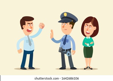 Policeman Prevents Family Conflict. Man Raised His Hand To Woman, The Police Officer Stopped It. Domestic Violence Between Sprugs. Vector Illustration, Flat Design, Cartoon Style, Isolated Background.