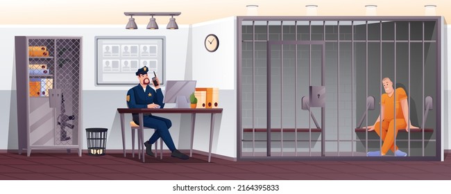 Policeman And Prisoner In Police Station Scene. Security Department Vector Illustration. Man Sitting In Cell Jail, Guard At Desk Computer With Phone.