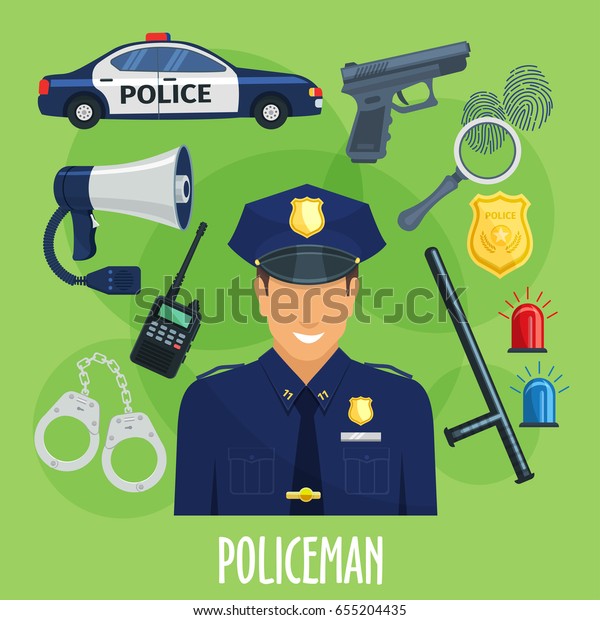 Policeman profession with police guard supplies or\
accessories. Vector gun, rubber bat and bracelets or handcuff,\
walkie-talkie radio set and car light signals, cop megaphone and\
sheriff badge