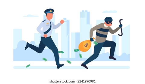 Policeman in pursuit of robber. Thief with money bag running away from police officer. Burglar steals cash. Bandit robbed bank. Criminal robbery. Chase for gangster