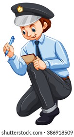 Policeman recording crime on the notepad illustration