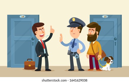 Policeman resolves the conflict between two neighbors in the apartment house. A police officer stopped an aggressive neighbor. Vector illustration, flat design cartoon style.