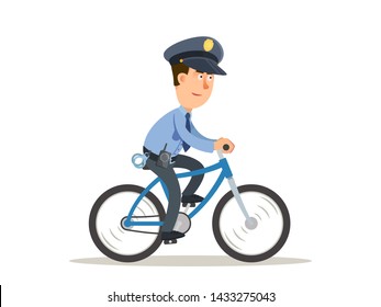 Policeman riding a bicycle. Vector illustration, flat design, cartoon style. 