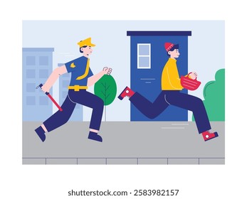 Policeman running after thieves, patrolling the city. Design character. Vector flat illustration