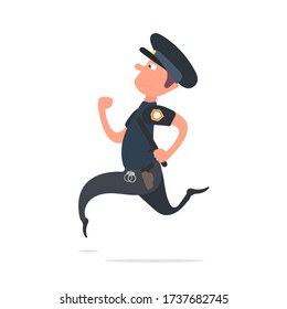 The policeman is running. A patrolman in uniform is running. Isolated on a white background. Cartoon style. Vector.