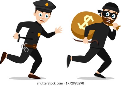 A policeman runs after a thief. Characters