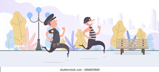 A policeman runs after a thief. A criminal escapes from the policeman.  Cartoon style. Vector. - Shutterstock ID 1806835840