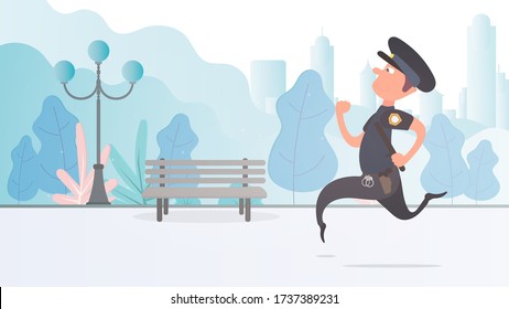 A policeman runs through the park. Safety and security concept. Cartoon style. Vector.