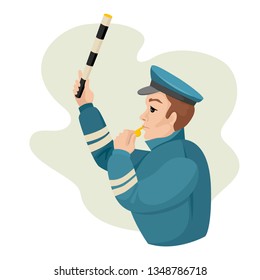 Policeman of Russia. Black and white rod, whistle, stops the car, leads the traffic, helps to cross the road. Vector illustration