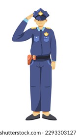 Policeman saluting with hand gestures, isolated detective in uniform, man with weapon and badges. Police force worker on duty, social order and safety in city and town. Vector in flat styles