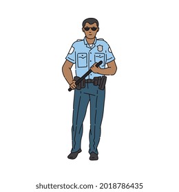 Policeman or secure guard in uniform with a rubber club, sketch cartoon vector illustration isolated on white background. Armed cop or constable cartoon character.