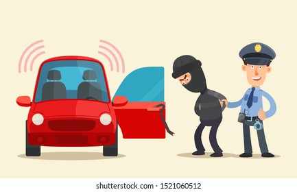 Policeman, security guard, caught the car thief. Policeman holding hijacker hand near the car with open door. Burglar arrested. Vector illustration, flat cartoon style. Isolated background, side view.