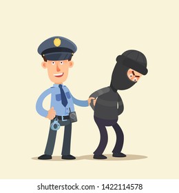 Policeman, security guard, caught the thief. The cop satisfied, robber disappointed. Policeman holding robber hand. Vector illustration, flat cartoon style. Isolated background, side view.
