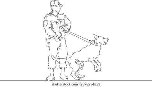 Policeman with a service dog. Guard with a dog. Military border guard at his post. Police officer. One continuous line drawing. Linear. Hand drawn, white background. One line.