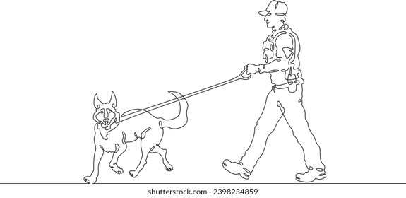 Policeman with a service dog. Guard with a dog. Military border guard at his post. Police officer. One continuous line drawing. Linear. Hand drawn, white background. One line.