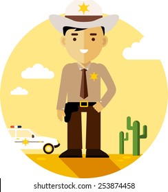 Policeman sheriff on desert background with police car in flat style