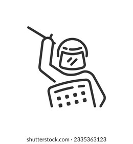 Policeman with shield and baton, linear icon. Line with editable stroke