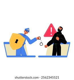 Policeman With Shield Catching Cybercriminal In Flat Vector Illustration Symbolizing Online Security, Cybercrime Prevention, And Internet Safety, Isolated On White Background.