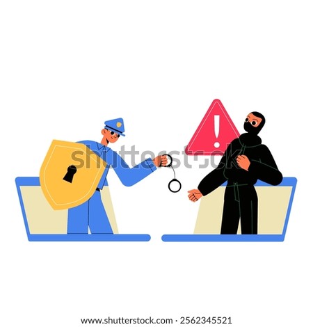 Policeman With Shield Catching Cybercriminal In Flat Vector Illustration Symbolizing Online Security, Cybercrime Prevention, And Internet Safety, Isolated On White Background.