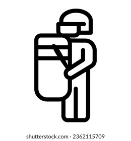 Policeman with shield line icon, Black lives matter concept, No violence against blacks sign on white background, Uniformed officer standing with shield and baton icon in outline. Vector