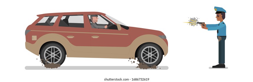 A policeman shoots a driver to stop the car. Vector illustration, flat design style. Isolated on a white background.