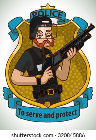 Policeman with a shotgun, frame, vector