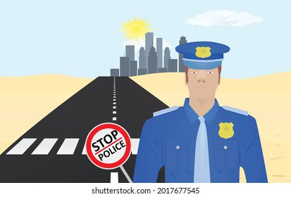 Policeman show stop sign in front of crosswalk. vector