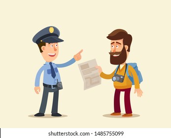 Policeman showing the way for tourist. Conversation between police officer and tourist. Patrolman helps to traveler. Vector illustration, flat design, cartoon style. Isolated background. Side view.