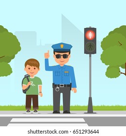 Policeman shows and explains the highway code for student. Pedestrian traffic light. Traffic at the crossroads. Vector illustration in flat style.