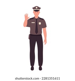 Policeman shows stop gesture. Standing police officer in uniform vector illustration
