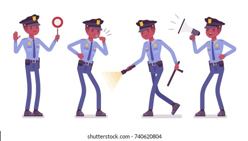 Policeman with signals and light. Black male officer showing stop signal, whistling, shouting using megaphone bullhorn. Vector flat style cartoon illustration isolated on white background