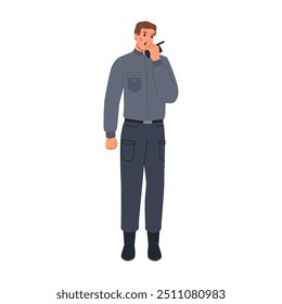 Policeman speaking through walkie talkie to partner. Vector flat cartoon character, isolated officer or cop, security guy and law enforcement worker wearing uniform. Protection and safety