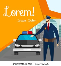 Policeman Stand in Front of Car on City Street. Officer in Uniform with Gun on Belt, Professional Police Character with Handgun. Social Media Template. Cartoon Flat Vector Illustration. Square Banner.